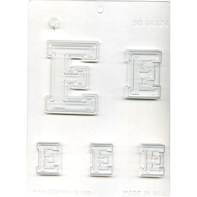 Letter E chocolate candy mold with multiple alphabet letter sizes for personalized chocolates and cake decorating