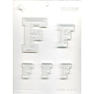Letter F chocolate candy mold with multiple alphabet letter sizes for personalized chocolates and cake decorating