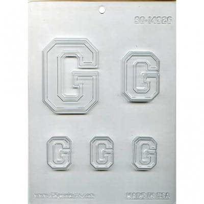 Letter G chocolate candy mold with multiple alphabet letter sizes for personalized chocolates and cake decorating
