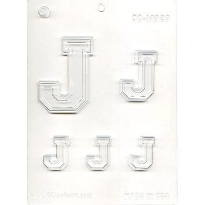 Letter J chocolate candy mold with multiple alphabet letter sizes for personalized chocolates and cake decorating
