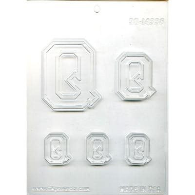 Letter Q chocolate candy mold with multiple alphabet letter sizes for personalized chocolates and cake decorating