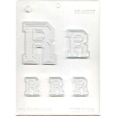 Letter R chocolate candy mold with multiple alphabet letter sizes for personalized chocolates and cake decorating