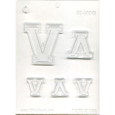 Letter V chocolate candy mold with multiple alphabet letter sizes for personalized chocolates and cake decorating