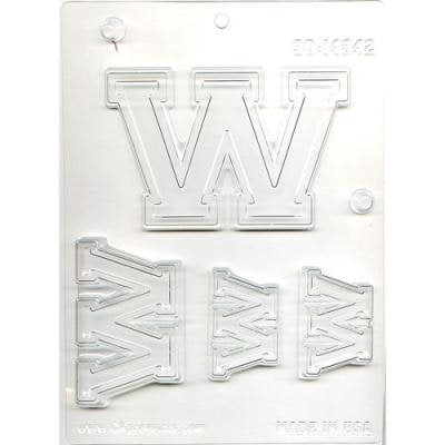 Letter W chocolate candy mold with multiple alphabet letter sizes for personalized chocolates and cake decorating