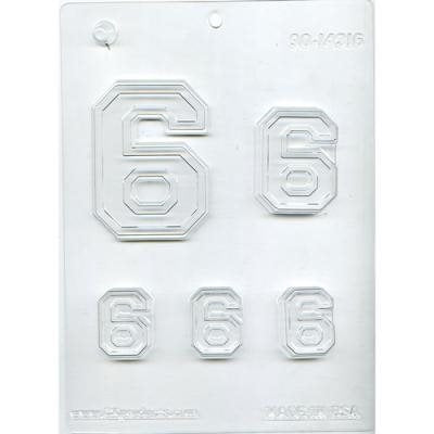 Collegiate number 6 or 9 chocolate candy mold with multiple sizes for birthdays, graduations, sports-themed desserts, and cake decorating