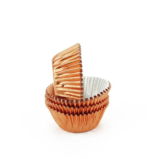 Copper foil mini cupcake baking cup liners for mini cupcakes, muffins, candies, chocolates, and bite-sized treats.