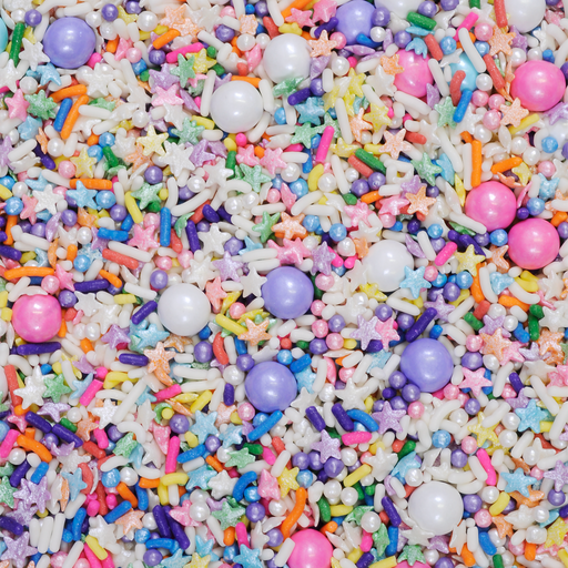 Colorful Cosmic Crunch sprinkle mix featuring assorted sprinkles, pearls, and candy decorations for cakes, cupcakes, cookies, and desserts.