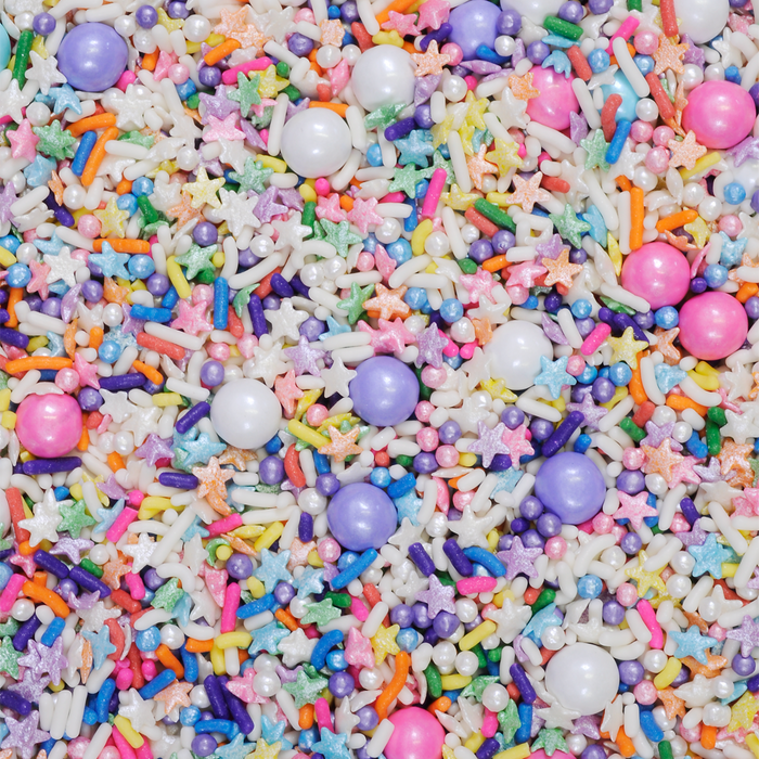 Colorful Cosmic Crunch sprinkle mix featuring assorted sprinkles, pearls, and candy decorations for cakes, cupcakes, cookies, and desserts.