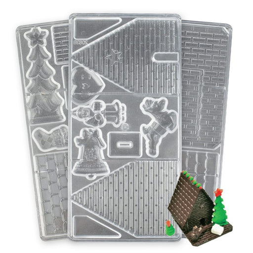 Gingerbread house polycarbonate chocolate mold set with house panels, roof, Santa, Christmas tree, reindeer, bell, heart and stocking shapes.