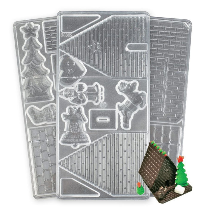 Gingerbread house polycarbonate chocolate mold set with house panels, roof, Santa, Christmas tree, reindeer, bell, heart and stocking shapes.
