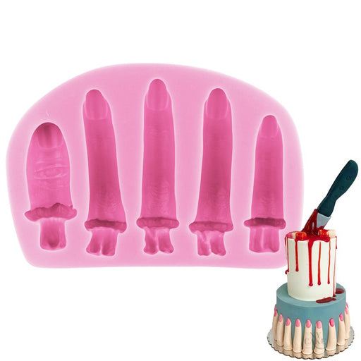 Pink five-cavity creepy fingers silicone mold for Halloween fondant, chocolate and cake decorations.