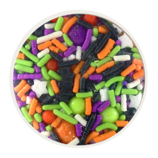 Creepy Monster Mash Sprinkle Mix 2.2 oz with orange, green, purple, black and white Halloween sprinkles for cakes, cookies and cupcakes