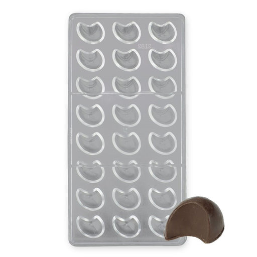 24-cavity crescent polycarbonate chocolate mold for making smooth crescent-shaped chocolates and candies.