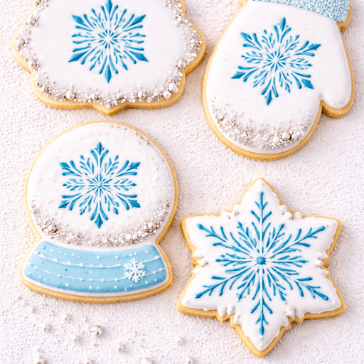 Decorative cookies shaped like snow globes, mittens, and snowflakes on a white background.
