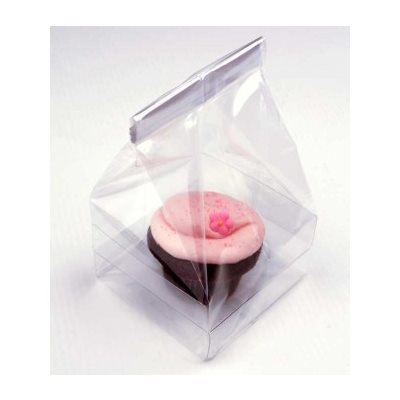 Clear cupcake bag with insert holding one standard cupcake for bakery packaging, gifts, parties, and retail display