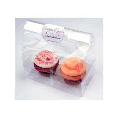 Clear cupcake favor bag with insert holding two standard cupcakes, bakery packaging bag measuring 7 x 4 x 9 inches, pack of 100.