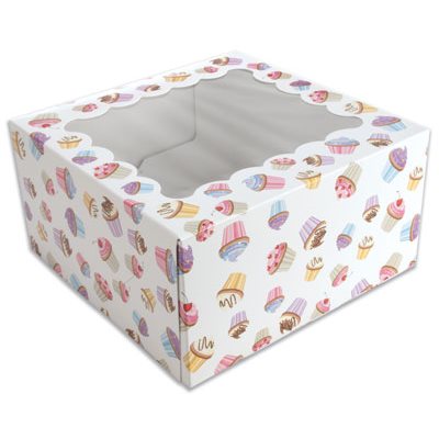 Decorative cupcake-themed bakery box with clear window and insert that holds four standard cupcakes for transport and display.