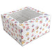 Decorative cupcake-themed bakery box with clear window and insert that holds four standard cupcakes for transport and display.