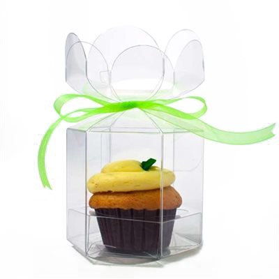 Clear flower top gift box designed for cupcakes, candy apples, cookies, and desserts with an elegant petal closure and ribbon.