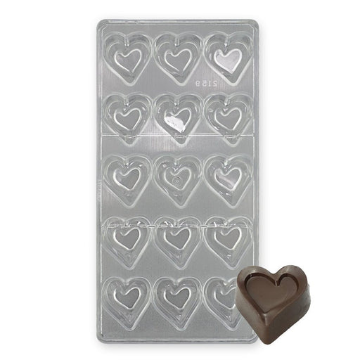 15-cavity curved heart polycarbonate chocolate mold for making detailed heart-shaped chocolates and candies.