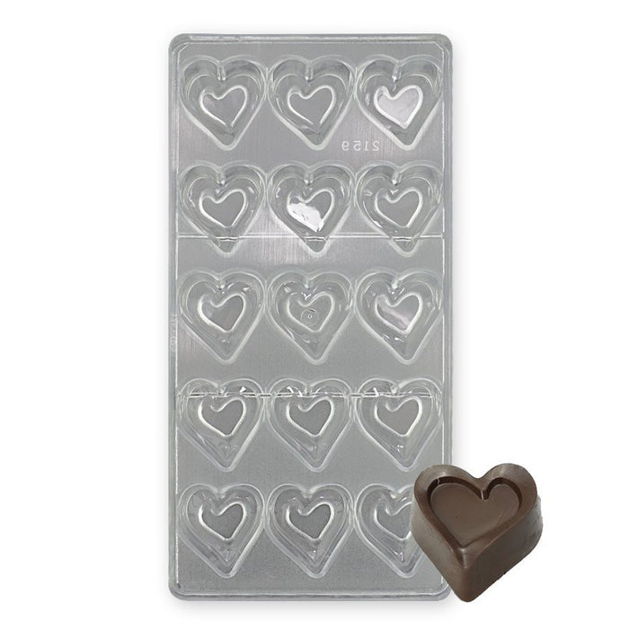 15-cavity curved heart polycarbonate chocolate mold for making detailed heart-shaped chocolates and candies.