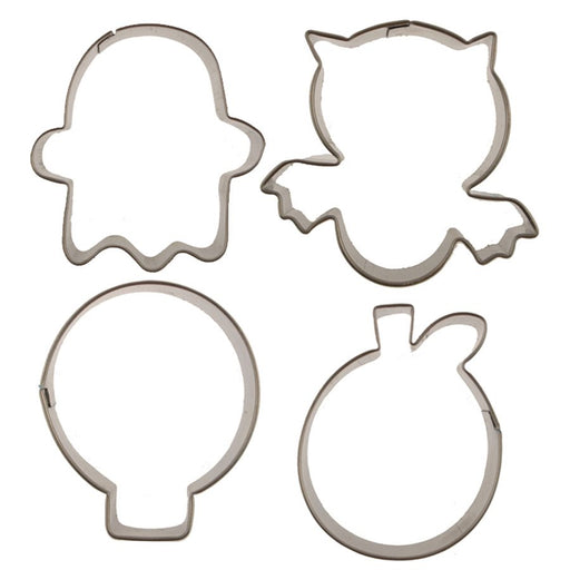 4-piece stainless steel Halloween cookie cutter set featuring bat, ghost, skull and pumpkin shapes.