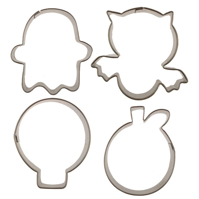 4-piece stainless steel Halloween cookie cutter set featuring bat, ghost, skull and pumpkin shapes.