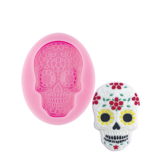 Pink Día de los Muertos sugar skull silicone mold for fondant, chocolate and decorated cake toppers.