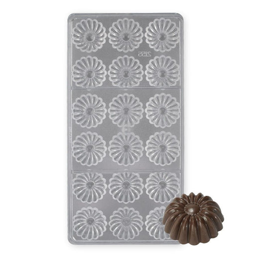 18-cavity daisy polycarbonate chocolate mold for making detailed flower-shaped chocolates and candies.