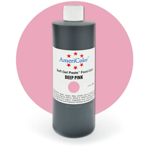 AmeriColor Deep Pink Soft Gel Paste Food Color 13.5 oz bottle for frosting, fondant, cakes, cookies, macarons, and cake decorating.