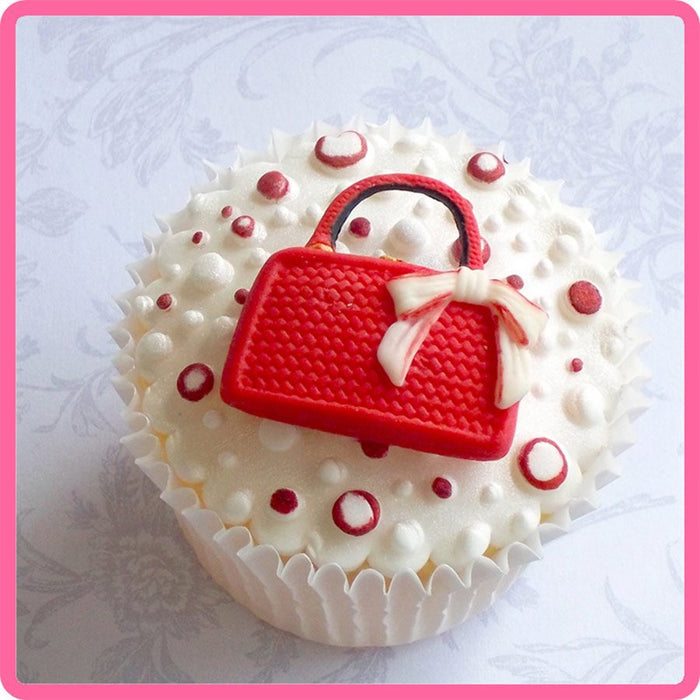 Red handbag fondant decoration made with Katy Sue silicone mold
