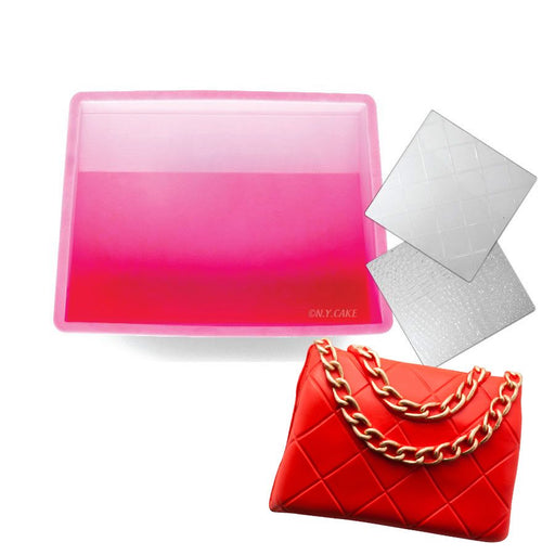 Designer Purse Cake Kit silicone handbag cake mold with quilted and crocodile texture mats for fondant and cake decorating.