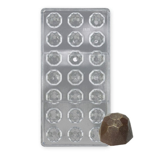 21-cavity diamond jewel polycarbonate chocolate mold for making faceted gemstone-shaped chocolates and candies.