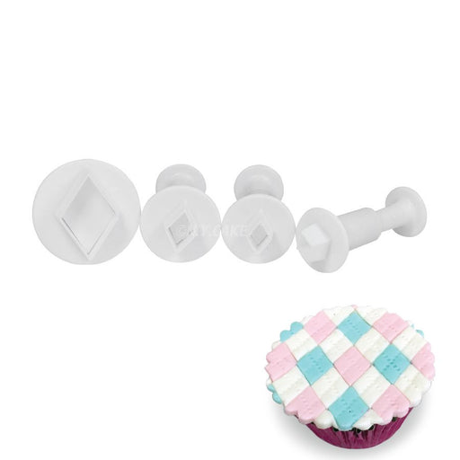 4-piece diamond plunger cutter set for fondant, gum paste, marzipan, modeling chocolate, cake decorating, cookies, and cupcakes.