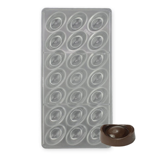 21-cavity dimpled oval polycarbonate chocolate mold with recessed centers for making professional chocolates and confections.