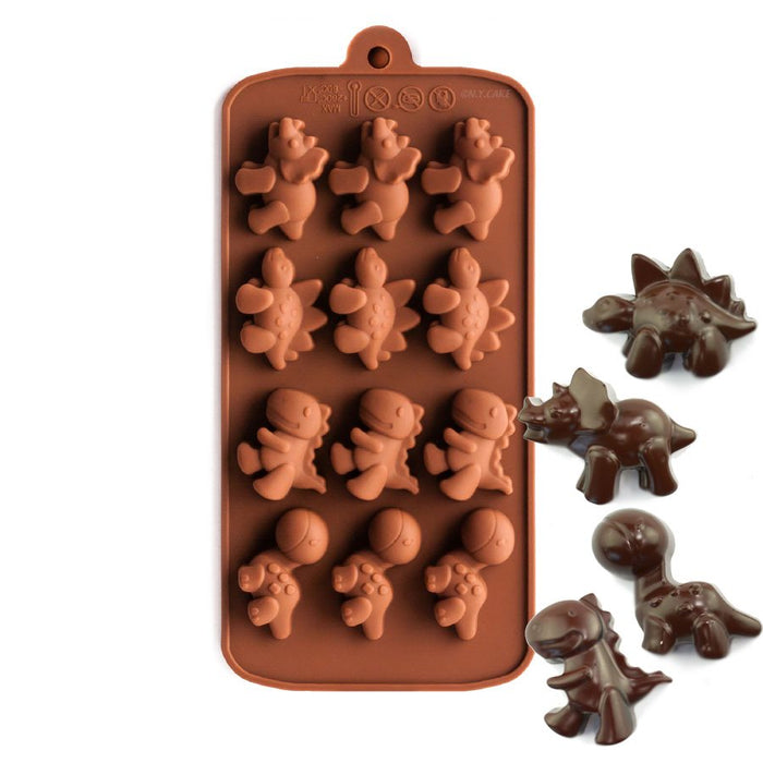 Dinosaur silicone chocolate mold with 12 assorted dinosaur cavities