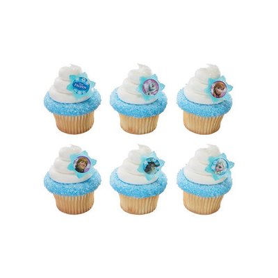 Disney Frozen cupcake rings pack of 12 reusable plastic cupcake toppers featuring Frozen character designs for birthday parties and themed desserts.