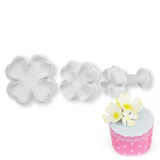 Dogwood flower plunger cutter set with three sizes for fondant, gum paste, cookies, cupcakes and cake decorating.