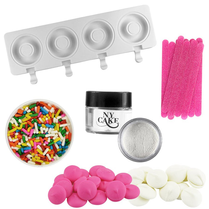 Donut cakesicle decorating kit with silicone mold, Merckens chocolate, sprinkles, decorating dust and glitter pop sticks