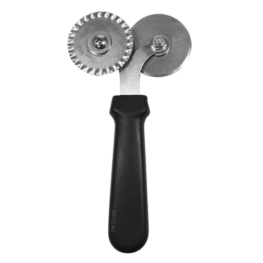 Dual pastry wheel cutter with straight and fluted cutting wheels for fondant, pastry dough, pie crusts, ravioli, and cake decorating