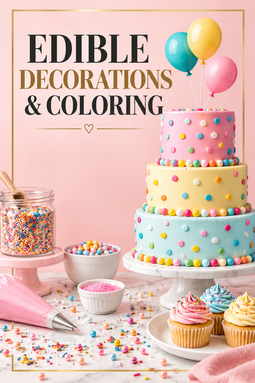 Colorful three-tier celebration cake decorated with edible sprinkles, balloons, piping bag, cupcakes, and assorted edible cake decorations.