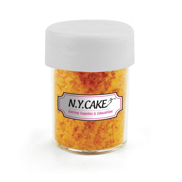 Gold edible glitter flakes in 1/4 oz jar for decorating cakes, cupcakes, cookies, chocolates and desserts.