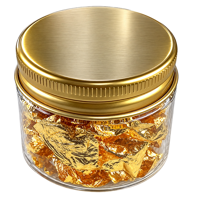 100g bottle of edible gold flakes for decorating cakes, chocolates, pastries and desserts.