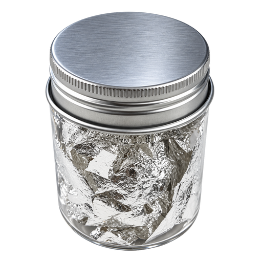 200mg jar of large-cut edible silver flakes for decorating cakes, chocolates, pastries and confections.