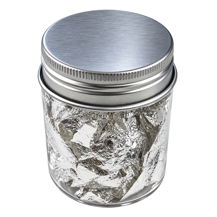 200mg jar of large-cut edible silver flakes for decorating cakes, chocolates, pastries and confections.