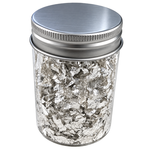 A clear cylindrical jar filled with silver metallic flakes, sealed with a brushed silver metal screw-top lid, shown on a plain white background.