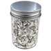A clear cylindrical jar filled with silver metallic flakes, sealed with a brushed silver metal screw-top lid, shown on a plain white background.