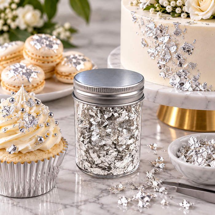 A clear glass jar filled with silver leaf confetti sits on a marble surface, styled with a decorated cupcake, macarons, and a cake in the background.