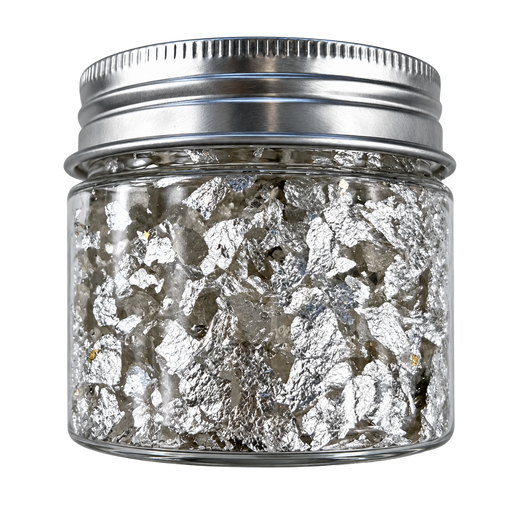 200mg jar of small-cut edible silver flakes for decorating cakes, chocolates, pastries and confections.