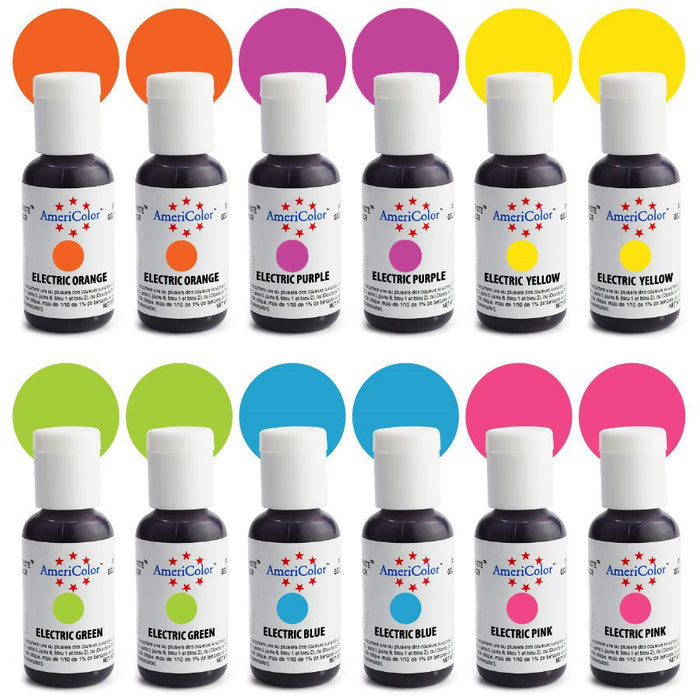 AmeriColor Electric Airbrush food coloring kit with 12 neon decorating colors for cakes, cookies, fondant, buttercream, chocolates, and bakery airbrushing.